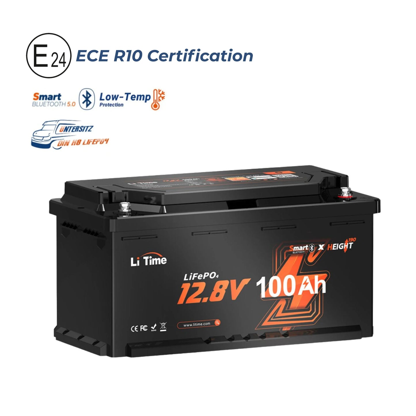 LiTime 12V 100Ah H190 Bluetooth LiFePO₄ aku