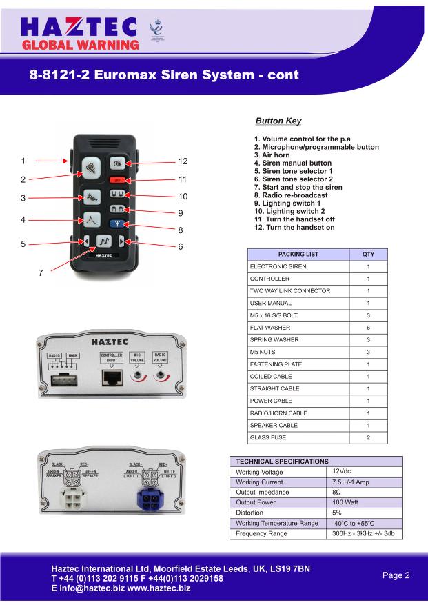 Haztec Siren with microphone and 2 x flasher output 12V