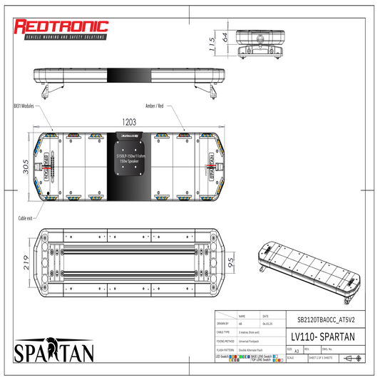 Redtronic Spartan 1203mm / Zils - Dzeltens - Sarkans / Aleja / Skaļrunis / 16 moduļi